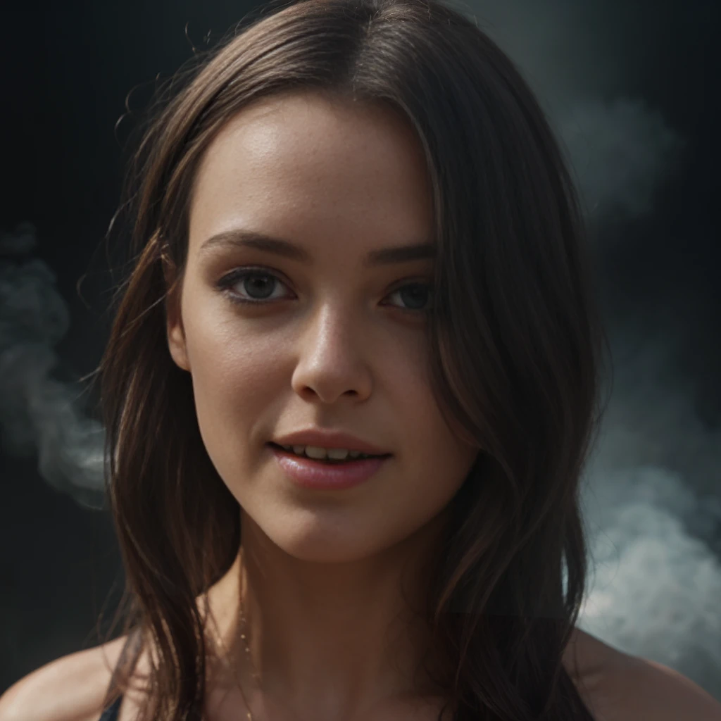 mybeauties, 1woman, portrait, studio background, wearing t-shirt, close-up, long hair, View from above level shot, subtle smile, mybeauties eating an hamburger, best quality, masterpiece, [[The character is surrounded by mist, evoking a mysterious and eerie atmosphere. The lighting is dark and atmospheric, with a blue smoke adding a touch of sinister ambiance. The image is of the best quality, with a resolution of 4k and HDR enhancement, showcasing the utmost level of detail and realism, sfw, full body shot. closeup View from above. (1woman)]]