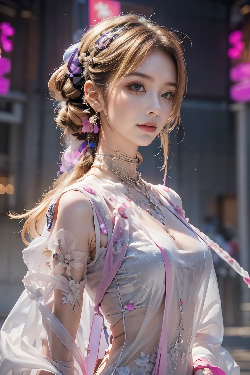 highest quality, Very detailed, masterpiece,Full body portrait,Two women posing,(((Perfect female body))),Very beautiful face, Very beautiful body,Gentle expression, Very beautiful eyes,(Perfect Makeup:1.1),Fashion Model,Cyberpunk Fashion,