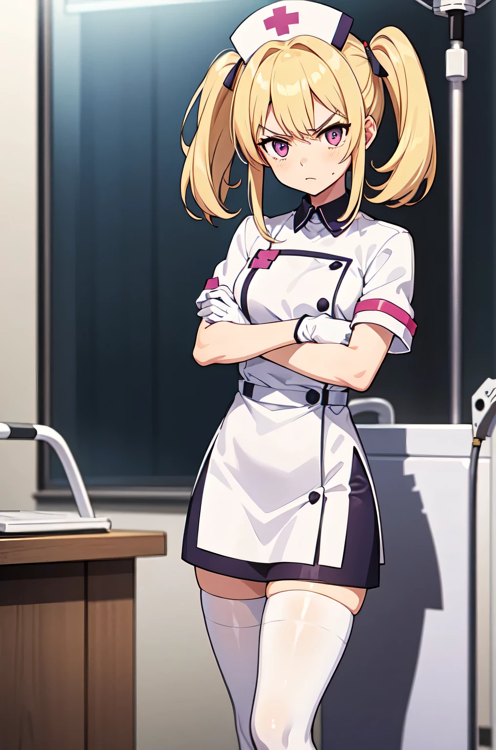 1 chica, solo, enfermero, enfermero cap, white enfermero uniform, ((calzas blancas, zettai ryouiki)), guantes blancos, dos colas, Cabello amarillo, ojos morados, enojado, brazos cruzados, de pie, ((cuarto de hospital)), contorno nítido, mangas cortas, mejor calidad, obra maestra