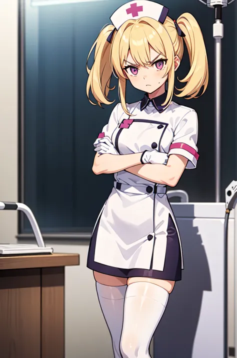 1girl, solo, nurse, nurse cap, white nurse uniform, ((white legwear, zettai ryouiki)), white gloves, twintails, yellow hair, pur...