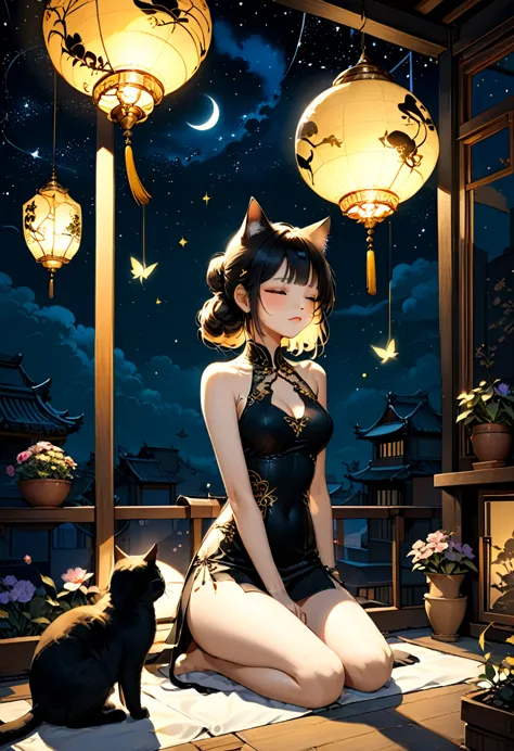 Wishing under the starry sky, the night sky is like ink, dotted with stars. The girl and her black cat sit on the roof, with a s...