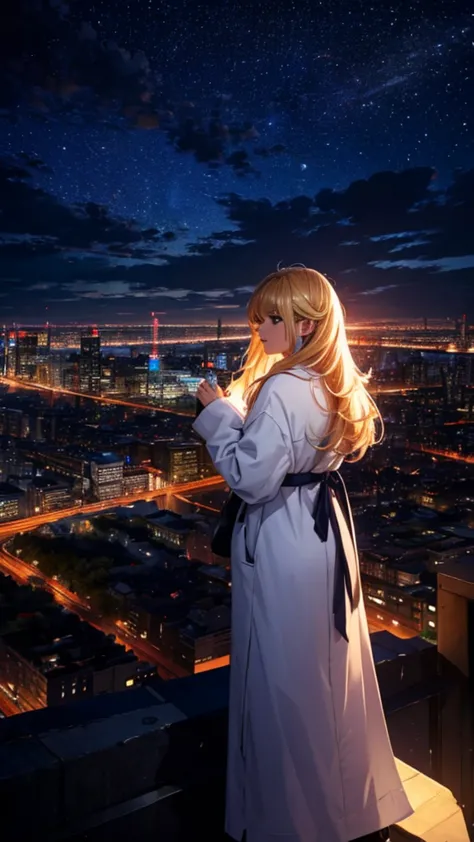 １people々々々々々々々々々々々,blonde long-haired woman，white long coat， dress silhouette， rear view，space sky, comet, anime style, city nig...