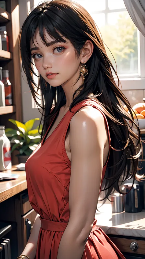 girl, black hair, 1980s (style), red sleeveless dress, long hair,