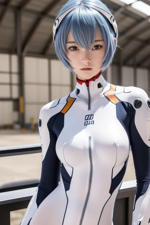 (masterpiece:1.2), highest quality, (Beautiful details:1.4), Highly detailed photos, Natural light, 
In the middle ground is a hangar., Large hangars, Mountains in the distance, 
Rei Ayanami, One Girl, 
Navy Blue Hair, Smooth Hair, Thin Hair, short hair, (Red Eyes:1.2), 
Don't leave or right々headgear of, White headpod, Headset Interface, 
Bodysuits, A plug suit that completely covers the body, A simple and soft plug suit, 白いBodysuits,
Small breasts, small breasts, 