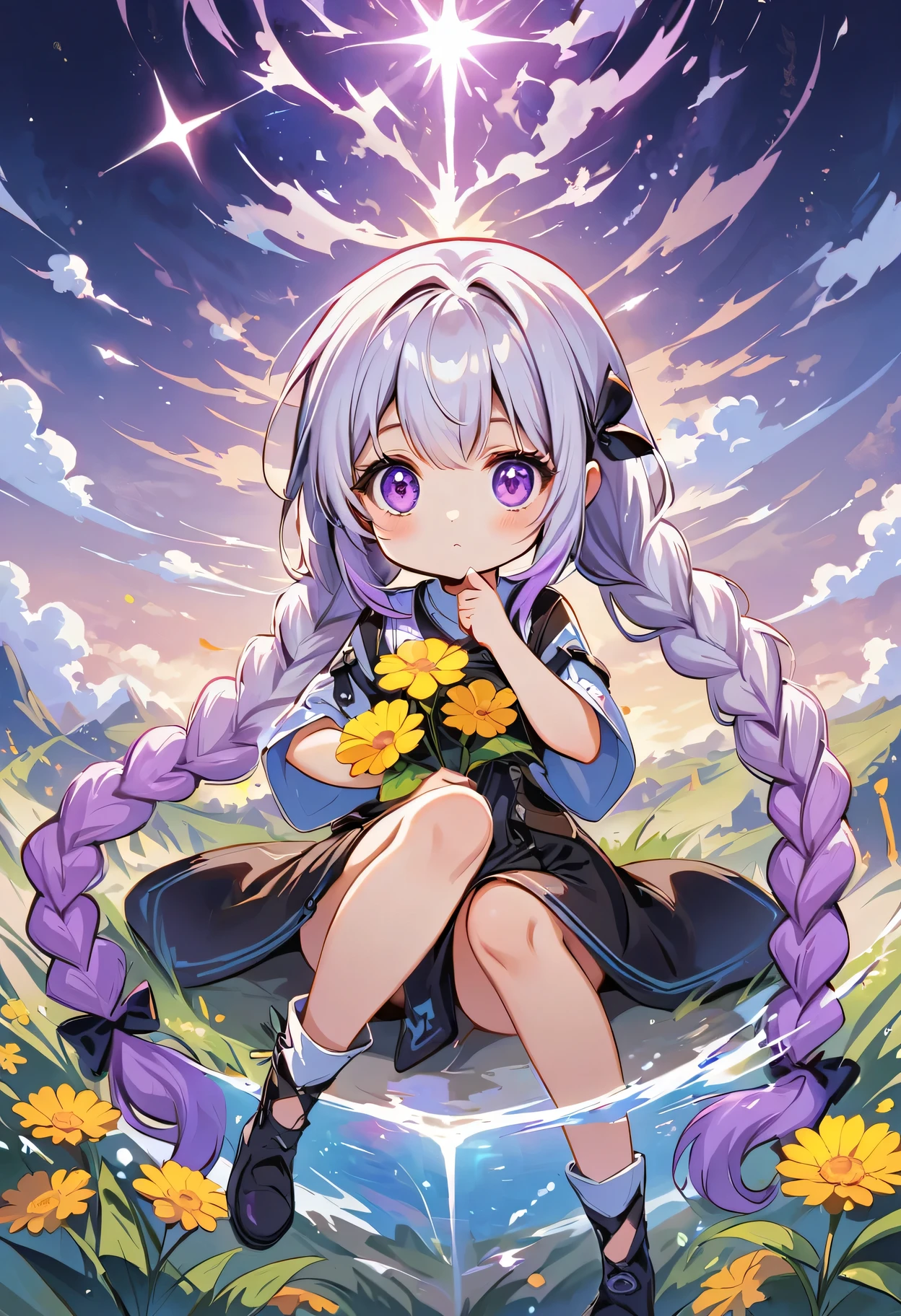 In the center of the flower, there sits a little child! How small and lovely a girl is! yinji, purple hair, purple eyes, long hair, white hair, double braids, gradient hair, 