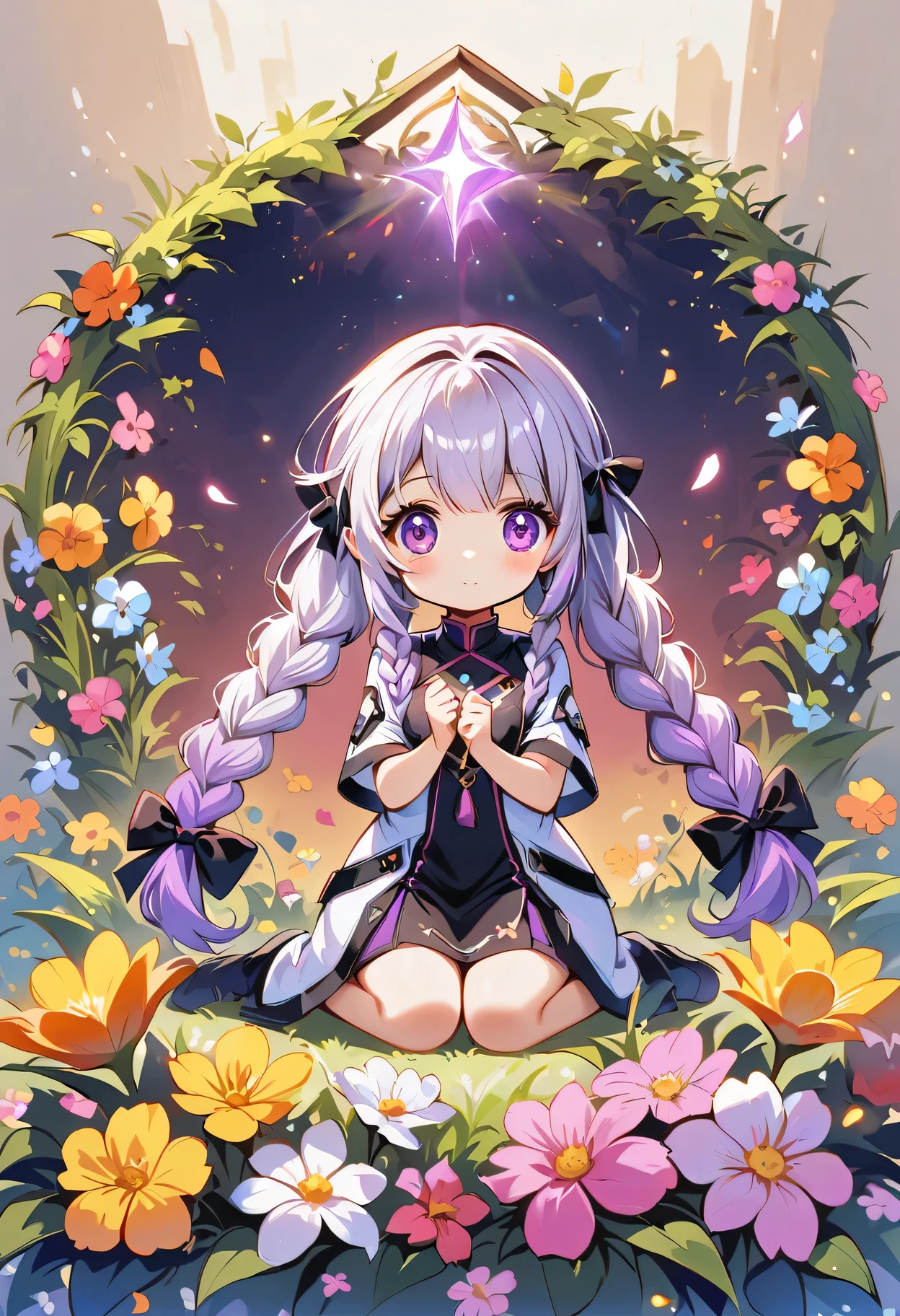 In the center of the flower, there sits a little child! How small and lovely a girl is! yinji, purple hair, purple eyes, long hair, white hair, double braids, gradient hair, 