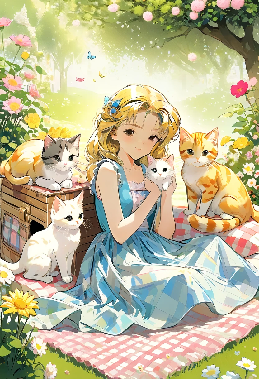 Shoujo Anime, filmisch, Computergrafik, hochauflösend, weiter Ausblick, dynamische Ansicht, leichter Unschärfeeffekt, HD12K-Qualität, eine wunderschöne Prinzessin in einem entspannten Moment eines Picknicks in einem Blumengarten, die auf einem karierten Handtuch sitzt und drei süße, verspielte Katzen umarmt,