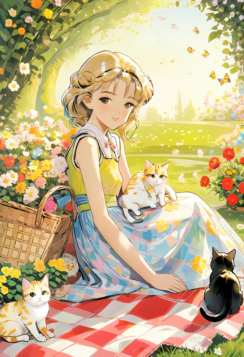 shoujo anime, cinematic, computer graphics, high-definition, wide view, dynamic view, slight blurry effect, HD12K quality, a beautiful princess in a relaxing moment of a picnic in a flower garden sitting on a checkered towel in the company of three playful beautiful and fluffy cats,