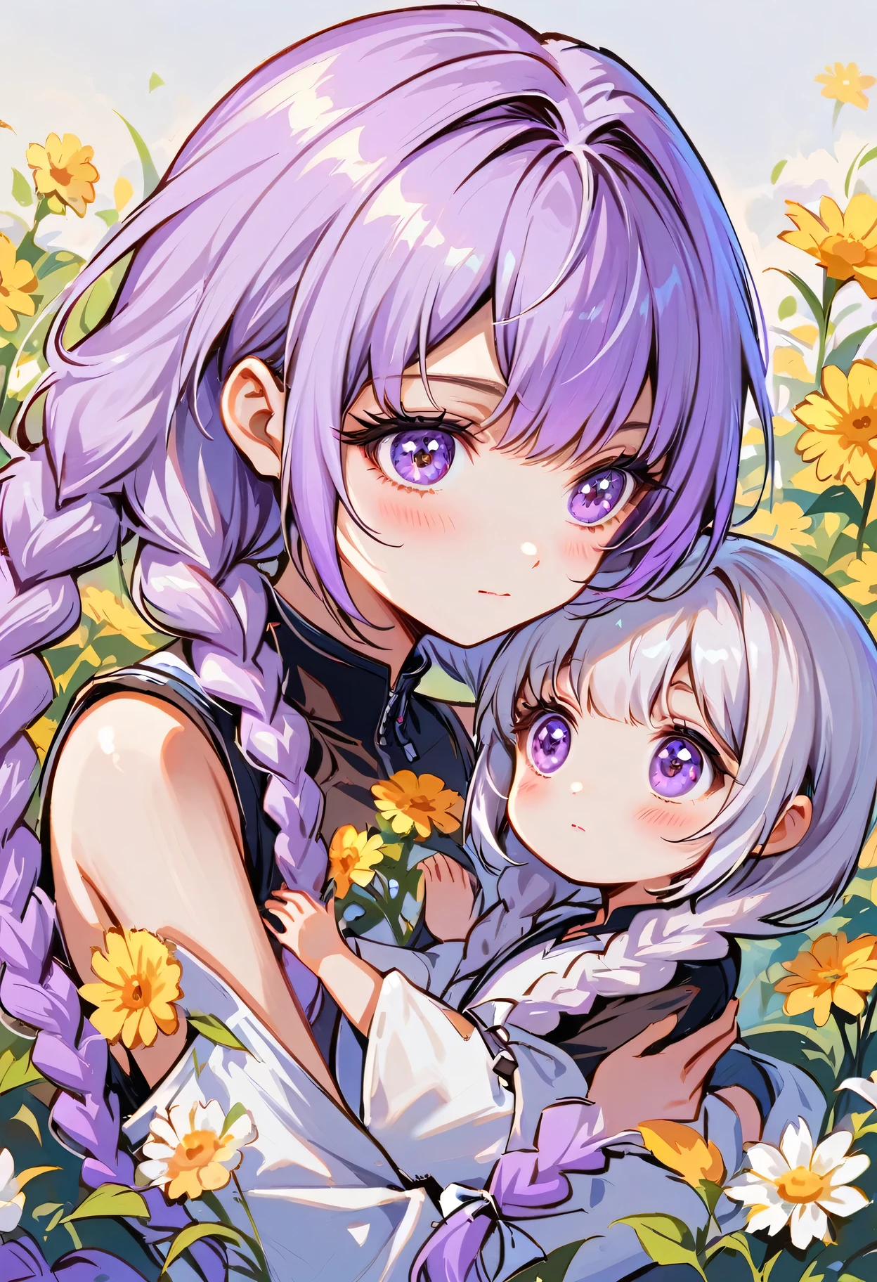 In the center of the flower, there sits a little child! looked at each other, How small and lovely a girl is! yinji, purple hair, purple eyes, long hair, white hair, double braids, gradient hair, 