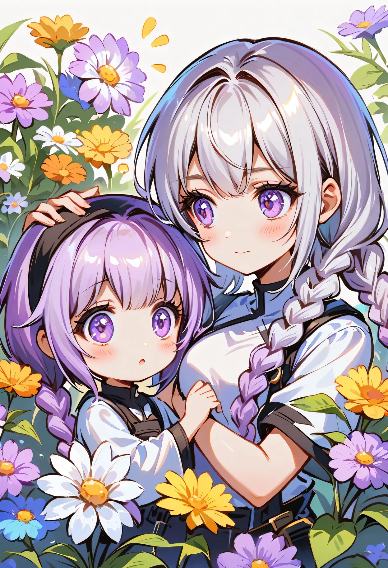 In the center of the flower, there sits a little child! looked at each other, How small and lovely a girl is! yinji, purple hair, purple eyes, long hair, white hair, double braids, gradient hair, 