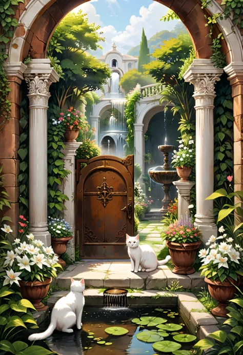 girl pushed open a rusty iron door and walked into a forgotten garden. A white cat led her through the flowers to a fountain, wh...