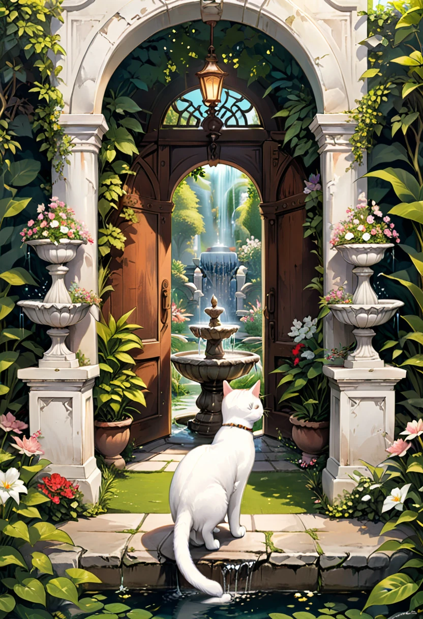 girl pushed open a rusty iron door and walked into a forgotten garden. A white cat led her through the flowers to a fountain, where they enjoyed the tranquility and beauty together, (masterpiece, best quality, Professional, perfect composition, very aesthetic, absurdres, ultra-detailed, intricate details:1.3)