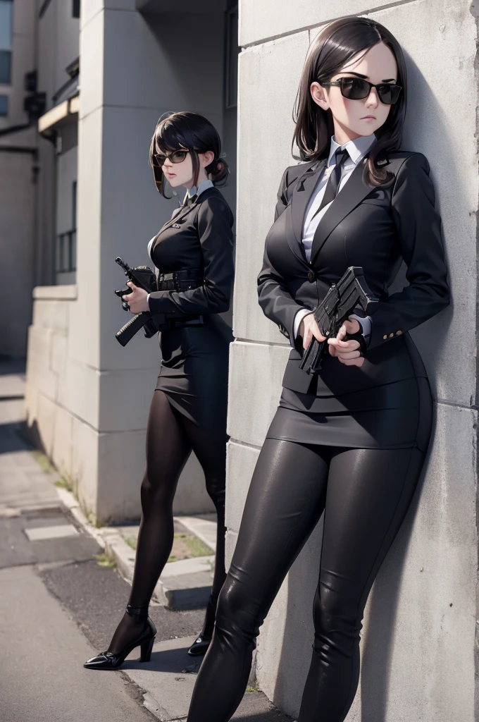 Female agent in a suit，Wear sunglasses，Holding an M5 submachine gun，Crouch and hide behind a wall，Observe your surroundings