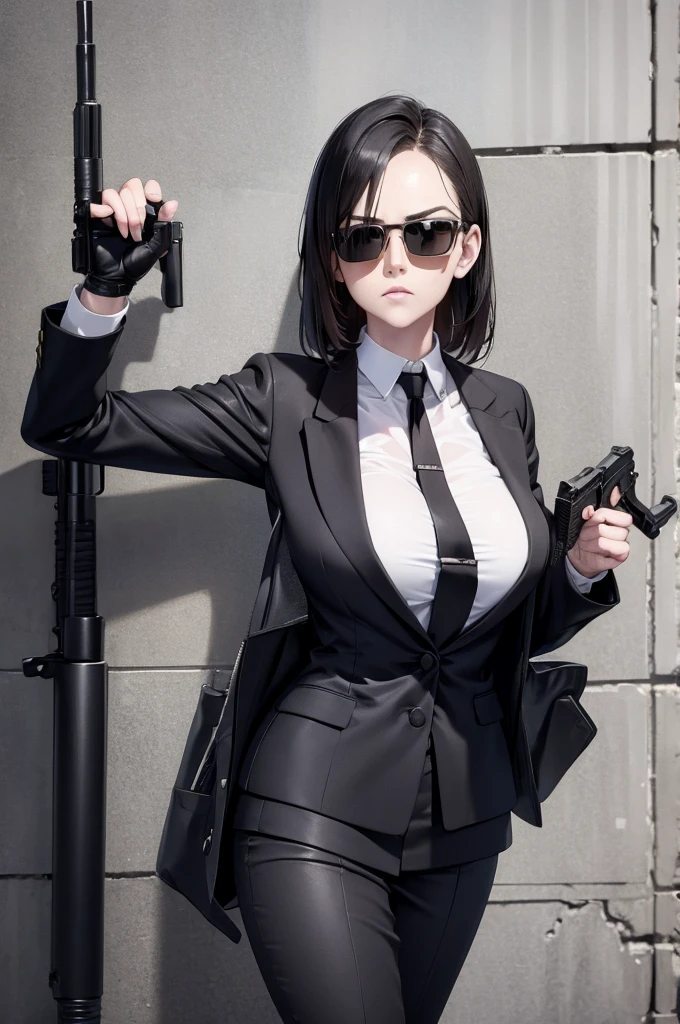 Female agent in a suit，Wear sunglasses，Holding an M5 submachine gun，Crouch and hide behind a wall，Observe your surroundings