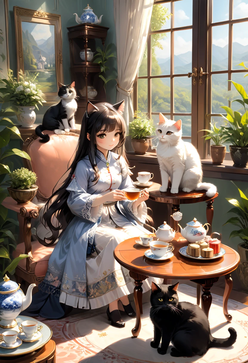 In the sunny living room, the girl arranged a delicate tea , and the cat sat across from her in handmade clothes, enjoying a leisurely afternoon tea together, (masterpiece, best quality, Professional, perfect composition, very aesthetic, absurdres, ultra-detailed, intricate details:1.3)