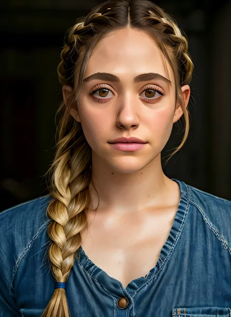 arafed woman with braids and a denim shirt posing for a picture