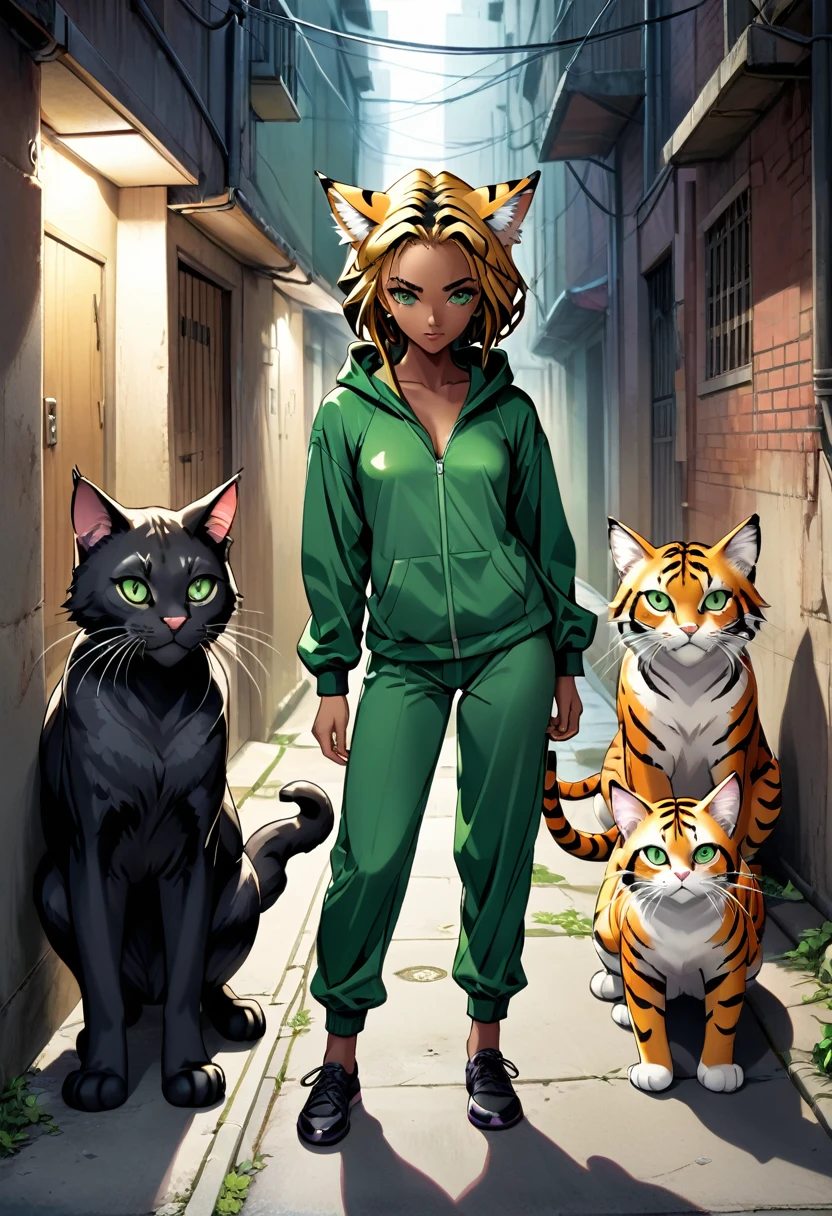 shoujo anime, cinematic, computer graphics, high-definition, wide view, dynamic view, slight blurry effect, HD12K quality, rebellious girl, green eyes, dark skin, slender body, wearing hooded pajamas with tiger ears and tail, accompanied by three badass cats, posing mischievously in a dark alley,