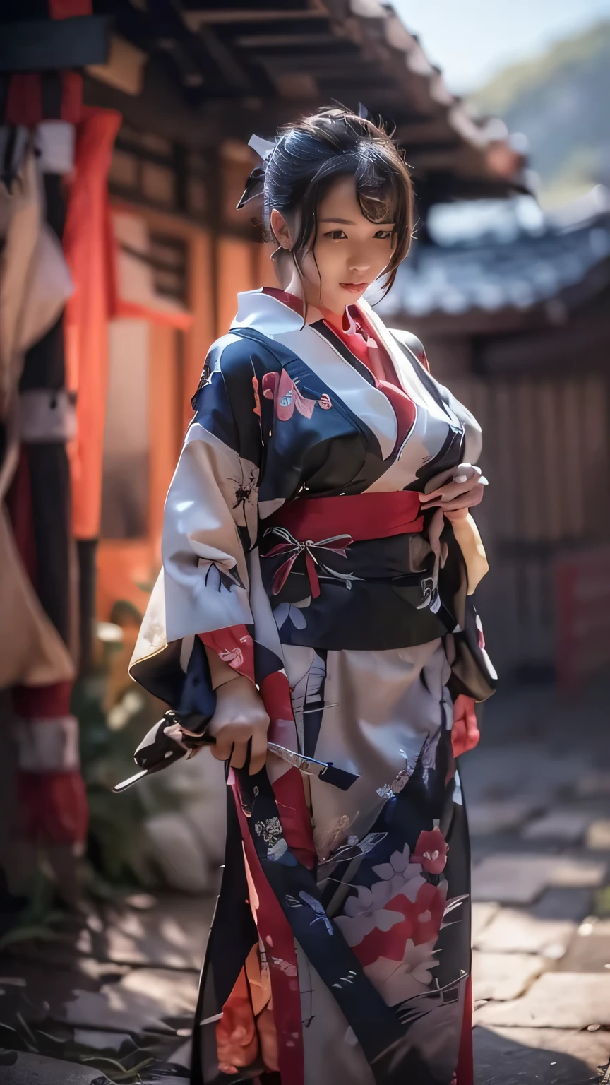 ((The background is the village of Shinobi:1.5)、Female ninja training in the village)、(Realistic、Like a photograph、Live Action、8k, Photorealistic, RAW Photos, Best image quality: 1.4), Single-lens reflex camera、RAW Photos, highest quality, Realistic, Highly detailed CG Unity 8k wallpaper, Written boundary depth, Cinematic Light, Lens flare, Ray Tracing, Realistic background、((waso:1.5、kimono、ninjya:1.3、kunoichi:1.4)、Sexy Ninja:1.37、Get into a fighting stance:1.3、Ninjutsu activation:1.2、Trained abdominal muscles、Cleavage、Big Breasts)、Grey Hair、short hair、Standing in the village、Night Village、((Ultra-dense skin))、 1 girl,Cute Kunoichi、((whole body:1.5)，Looking at the audience:1.1、Glare、I like that style、Pay attention to the details、The perfect outfit、(White skiccurate portrait、Accurate Arm、Accurate feet、Beautiful legs、Precise thighs、Anatomically correct body、View from the front