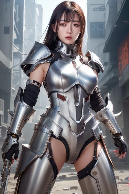 Digital Cyberpunk Art、highest quality、Ultra-high quality CG Unity 8K、Brown medium hair、One Japanese woman、Medium chest、(Shiny metallic armor)、((Wears silver mechanical armor with white LED lights))、desolate wasteland、(fighting stance)