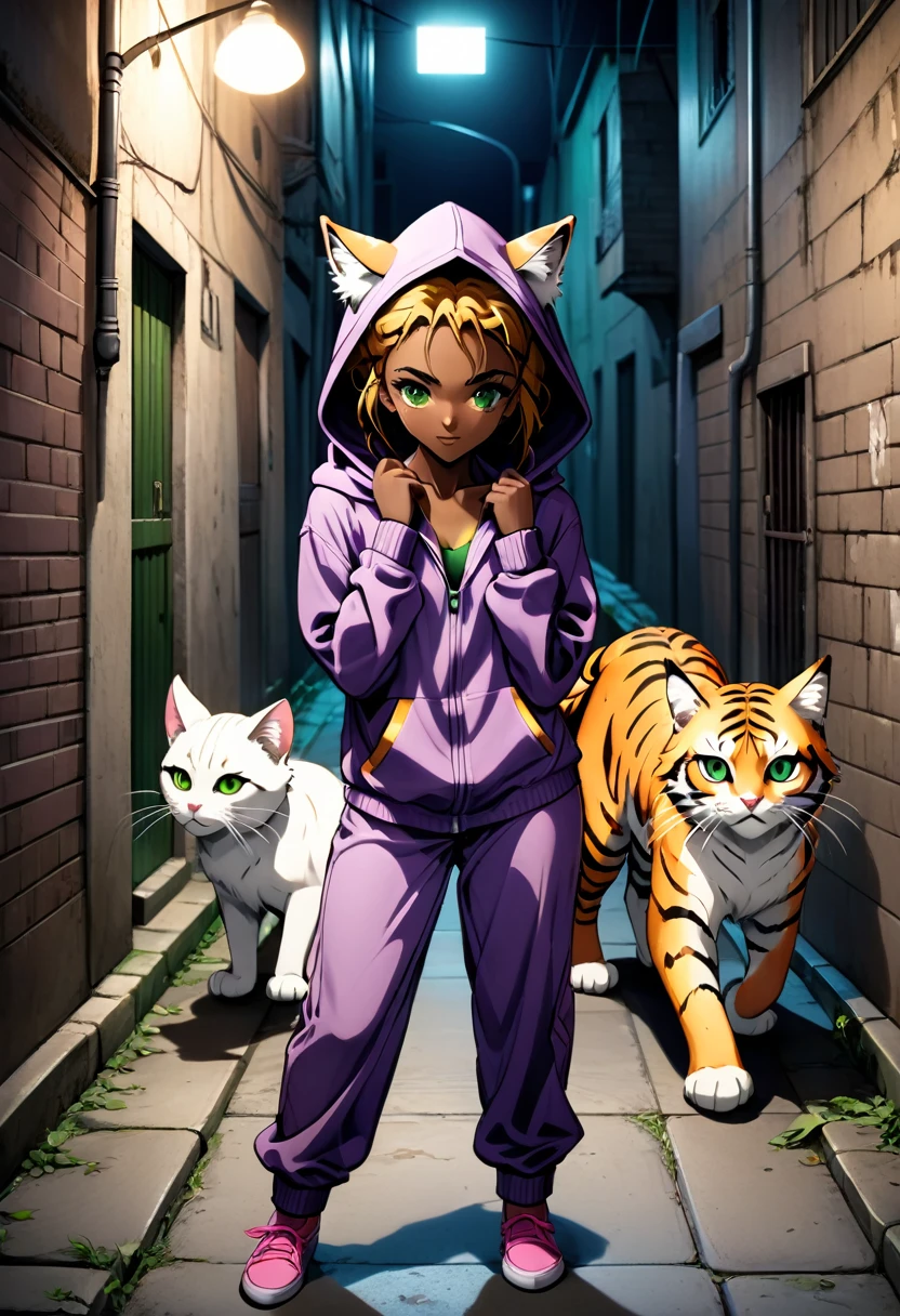 shoujo anime, cinematic, computer graphics, high-definition, wide view, dynamic view, slight blurry effect, HD12K quality, rebellious girl, green eyes, dark skin, slender body, wearing hooded pajamas with tiger ears and tail, hugging a three badass cats in mischievous pose in a dark alley,