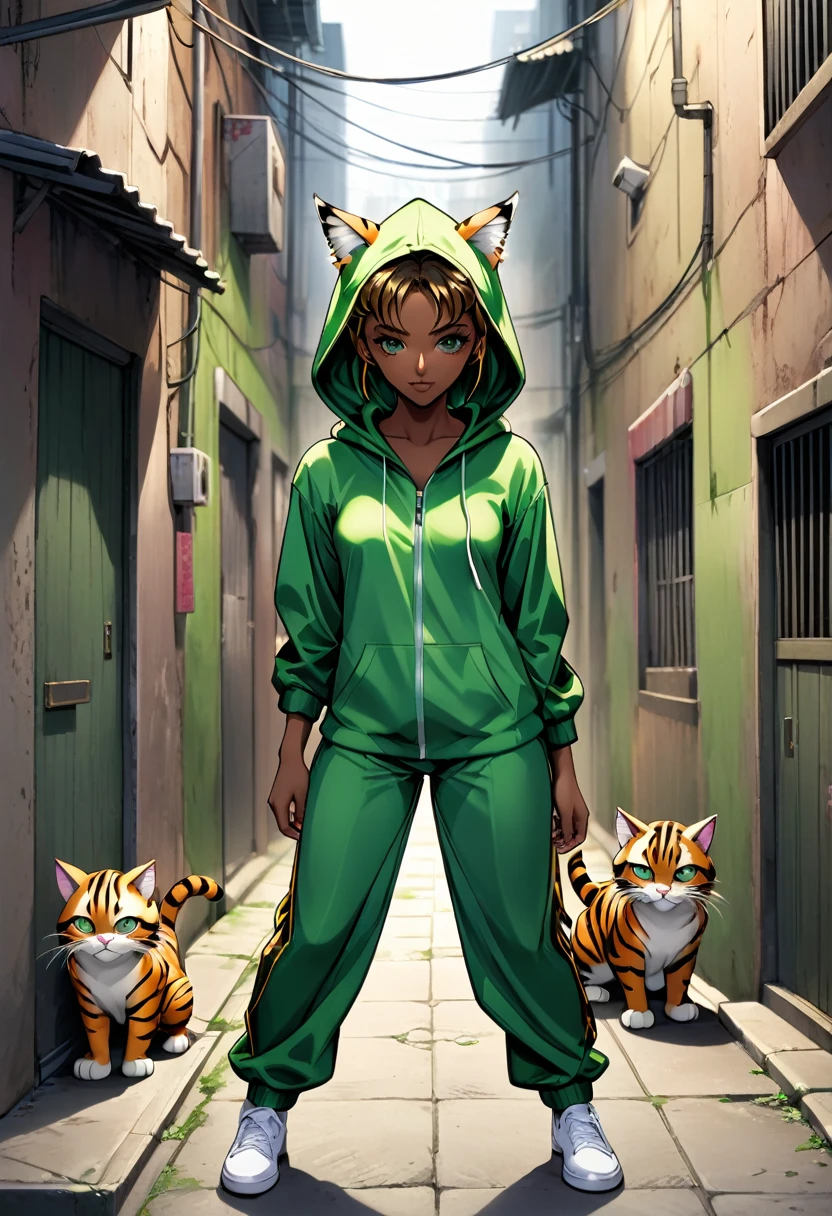 shoujo anime, cinematic, computer graphics, high-definition, wide view, dynamic view, slight blurry effect, HD12K quality, rebellious girl, green eyes, dark skin, slender body, wearing hooded pajamas with tiger ears and tail, hugging a three badass cats in mischievous pose in a dark alley,