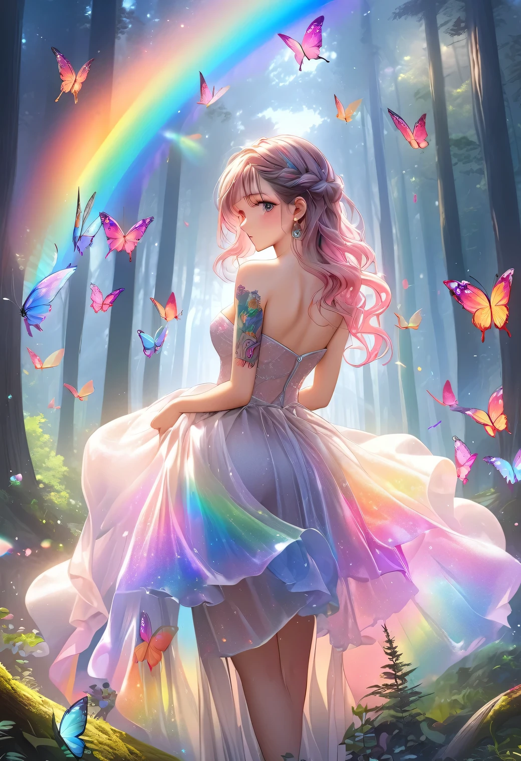 raw photo:1.2, masterpiece, highest quality, 16k, unbelievably absurd, very detailed, perfect beauty, beautiful cute girl, sheer dress, off shoulder, strapless, rainbow gradation, tattooed butterflies arms, forest, back view