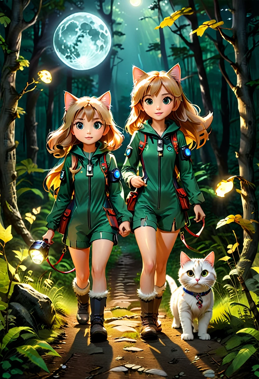 En una noche de luna llena, La niña y su amigo gato, vestidos con trajes de aventura y sosteniendo linternas, Explorar el sendero del bosque, Persiguiendo las legendarias huellas del gato fantasma, Confiando unos en otros y avanzando con valentía, (obra maestra, mejor calidad, Profesional, composición perfecta, muy estetico, absurdos, ultra detallado, detalles intrincados:1.3)