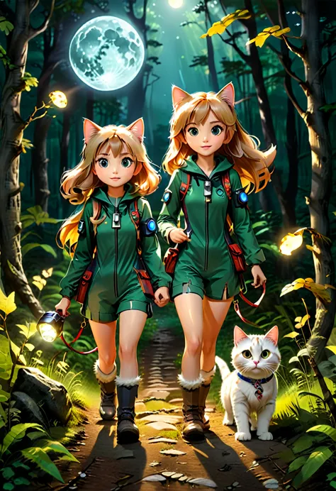 on a full moon night, the girl and her cat friend, dressed in adventure suits and holding flashlights, explore the forest path, ...
