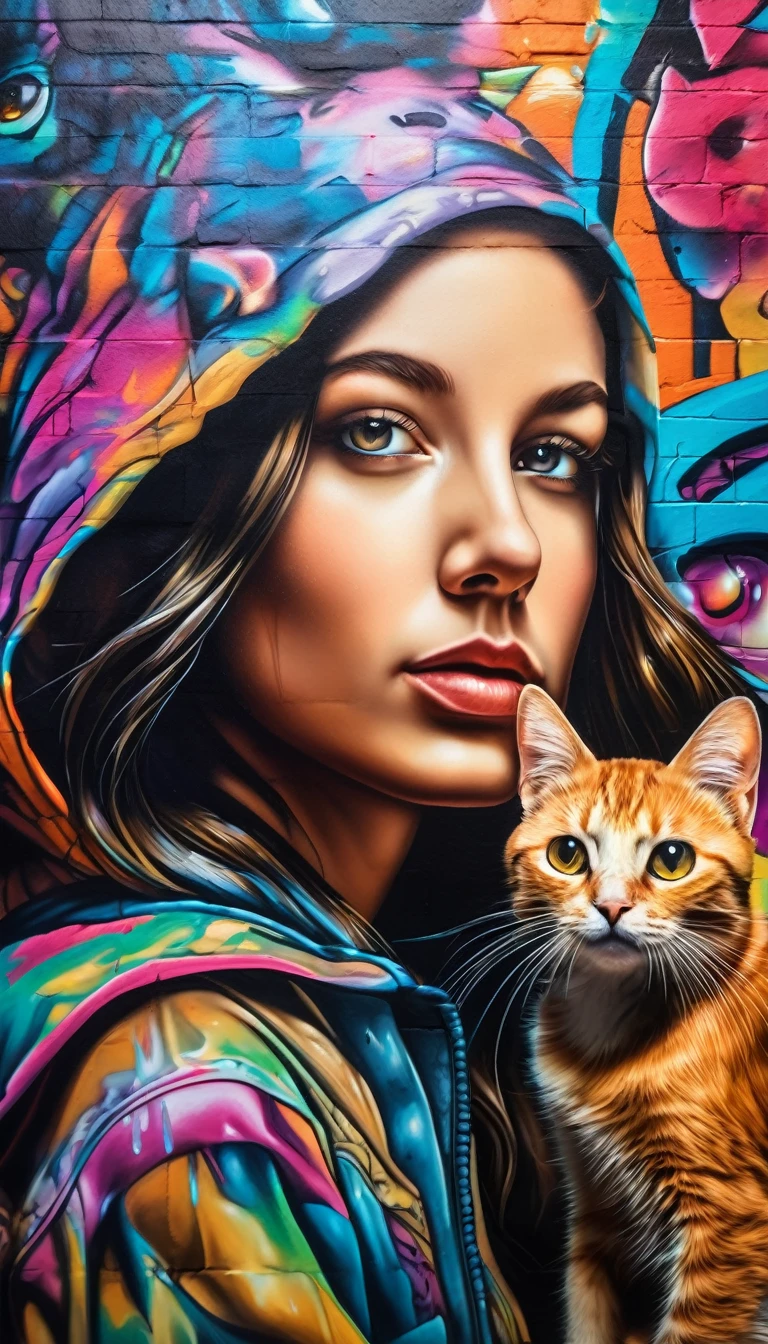 surreal graffiti mural, a painting on the wall showing a girl with a cat, detailed facial features, intricate graffiti wall, detailed wall fractal, vibrant colors, dramatic lighting, cinematic composition, highly detailed, hyperrealistic, 8k, photorealistic, masterpiece, wide shot, street art, street visbile 