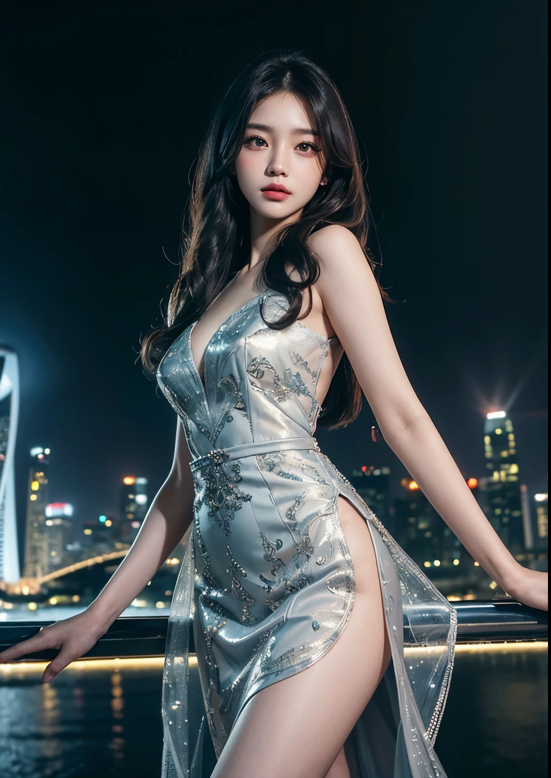 1個女孩, 美麗的韓國女孩, 站在濱海灣金沙酒店前, 漂亮的及膝連身裙, 詳細的臉部, 細緻的眼睛, 细致的嘴唇, 長長的睫毛, 詳細的手指, 优雅连衣裙, 美麗的背景, 新加坡, 超詳細, 8K, 逼真的, 電影燈光, 鮮豔的色彩, 幻想藝術, 傑作
