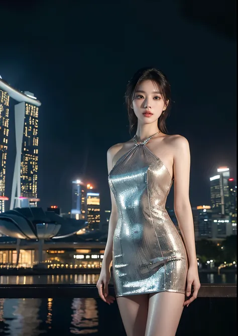 1girl, beautiful Korean girl, standing in front of Marina Bay Sands Hotel, beautiful above knee length dress, detailed face, det...