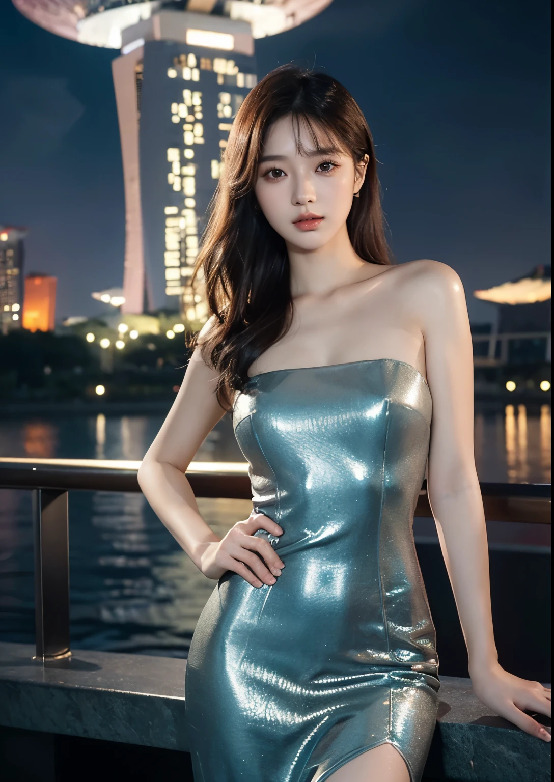 1girl, beautiful Korean girl, standing in front of Marina Bay Sands Hotel, beautiful above knee length dress, detailed face, detailed eyes, detailed lips, long eyelashes, detailed fingers, elegant dress, beautiful background, Singapore, hyper-detailed, 8k, photorealistic, cinematic lighting, vibrant colors, fantasy art, masterpiece