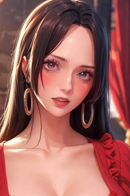 (masterpiece),(best quality:1.0), (ultra highres:1.0), detailed illustration, 8k, anime, 1girl, beautiful anime girl, wearing a red dress, flower crown, pretty face, detailed face, beautiful eyes, detailed eyes, dark red eyes, bright red lips, red lipstick, beautiful stylish hair, highlights in hair, bangs anime style, best quality, vibrant