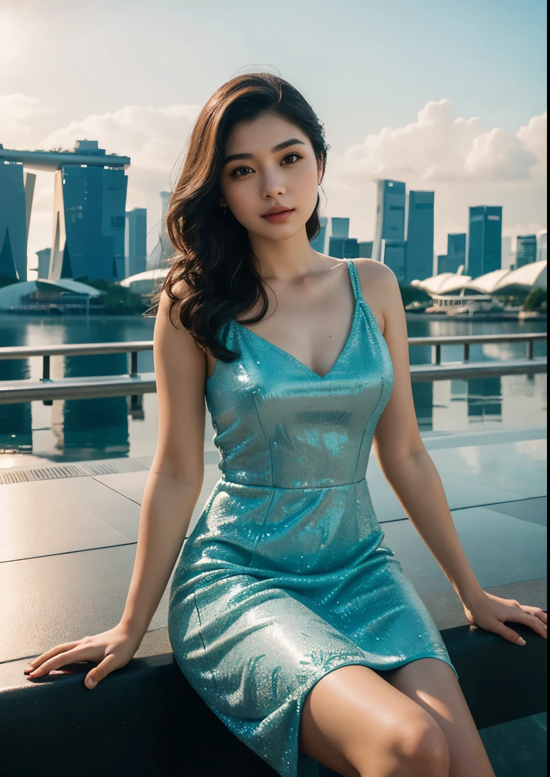 1fille, assis devant l&#39;hôtel Marina Bay Sands, Singapour, Beaux yeux détaillés, belles lèvres détaillées, visage extrêmement détaillé, long cils, Mignon, doux, robe au-dessus du genou, lumière du soleil, Éclairage cinématographique, couleurs vives, très détaillé, Photoréaliste, 8k, Meilleure qualité, chef-d&#39;œuvre