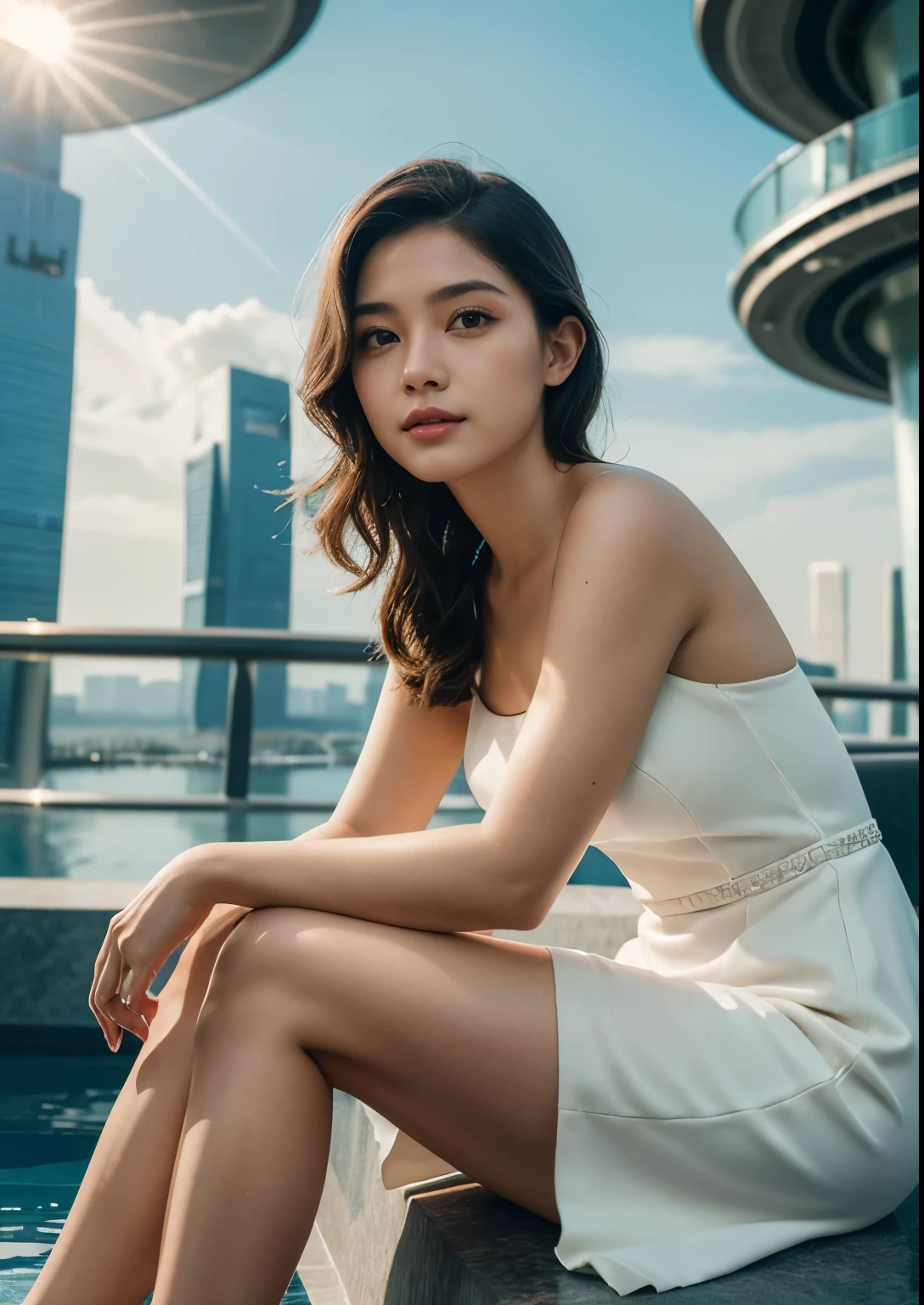 1girl, sitting in front of Marina Bay Sands Hotel, Singapore, beautiful detailed eyes, beautiful detailed lips, extremely detailed face, long eyelashes, cute, sweet, above knee length dress, sunlight, cinematic lighting, vibrant colors, highly detailed, photorealistic, 8k, best quality, masterpiece