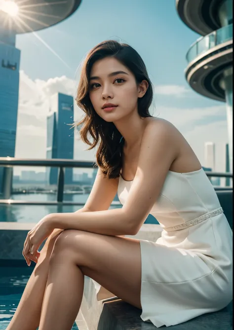 1girl, sitting in front of Marina Bay Sands Hotel, Singapore, beautiful detailed eyes, beautiful detailed lips, extremely detail...