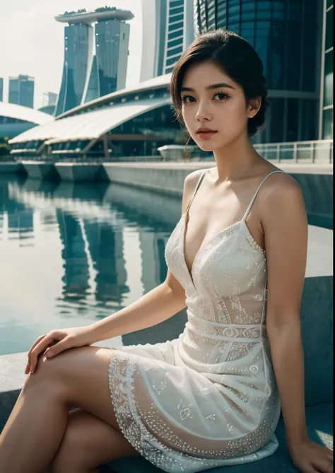 1girl, sitting in front of Marina Bay Sands Hotel, Singapore, beautiful detailed eyes, beautiful detailed lips, extremely detail...