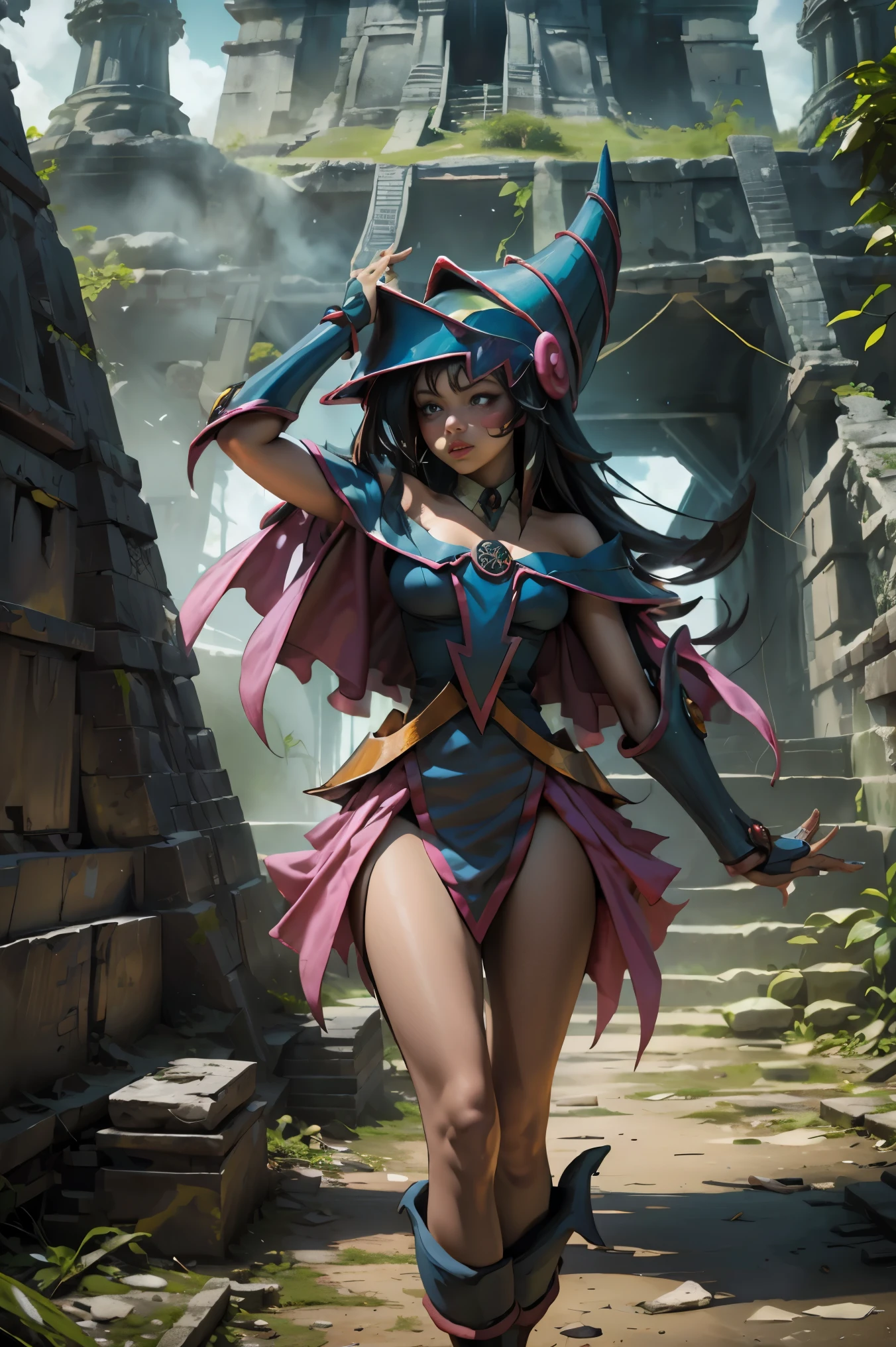 Beautiful dark magician gils. she is in the mayan jungle. In the middle of the Mayan ruins of Tikal. 