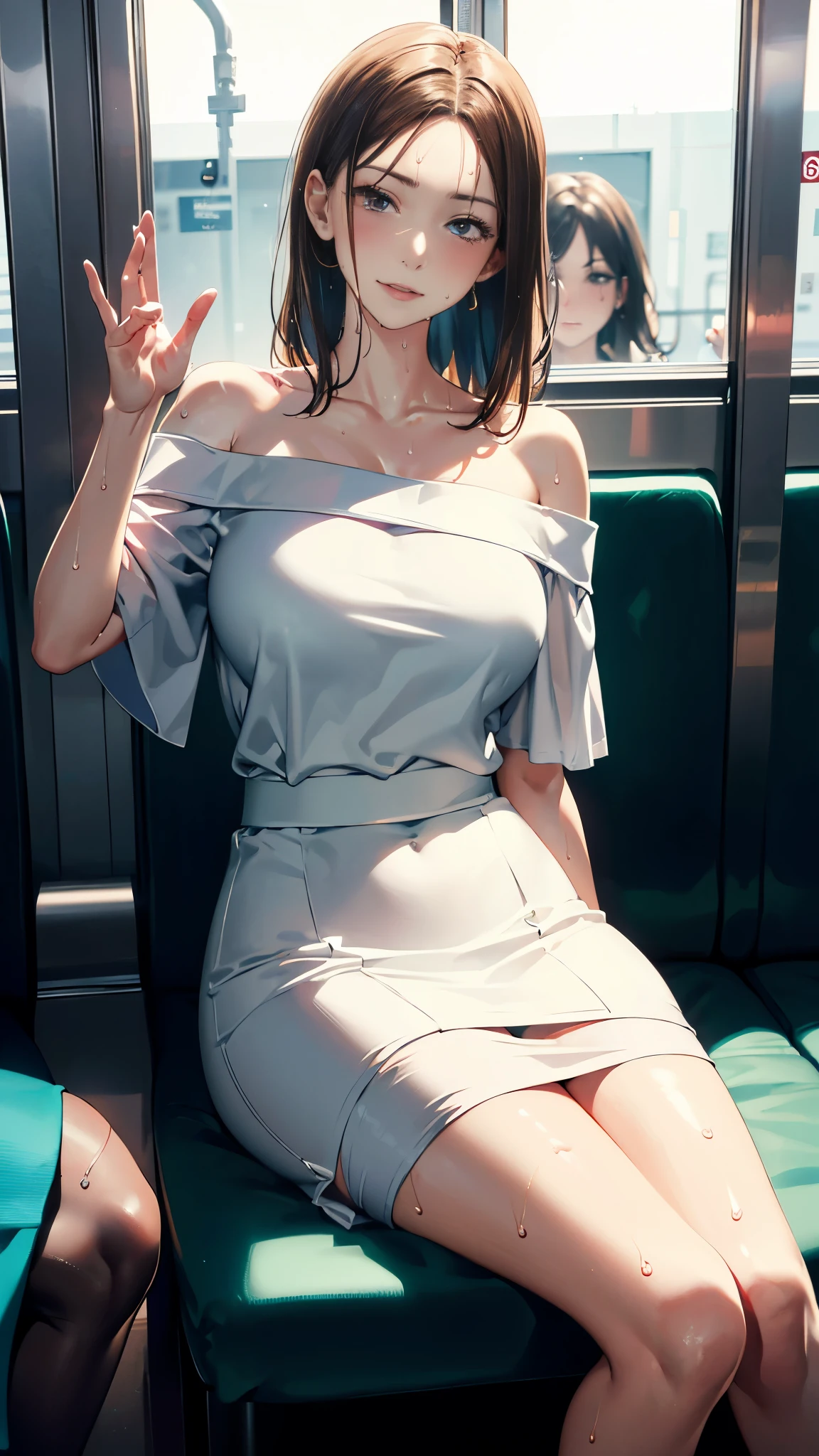 (8k, RAW photo、highest quality、masterpiece:1.2), Masterpiece, best quality, high resolution, very detailed, detailed background, 1 girl, looking at the audience, sitting on the subway, inside the train, posing pose, white off-the-shoulder dress, skirt, transparent, happy, (steam),((sweat))