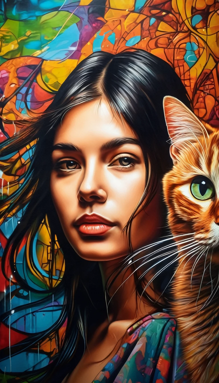 surreal graffiti mural, a painting on the wall showing a girl with a cat, detailed facial features, intricate graffiti wall, detailed wall fractal, vibrant colors, dramatic lighting, cinematic composition, highly detailed, hyperrealistic, 8k, photorealistic, masterpiece, wide shot, street art, street visbile 