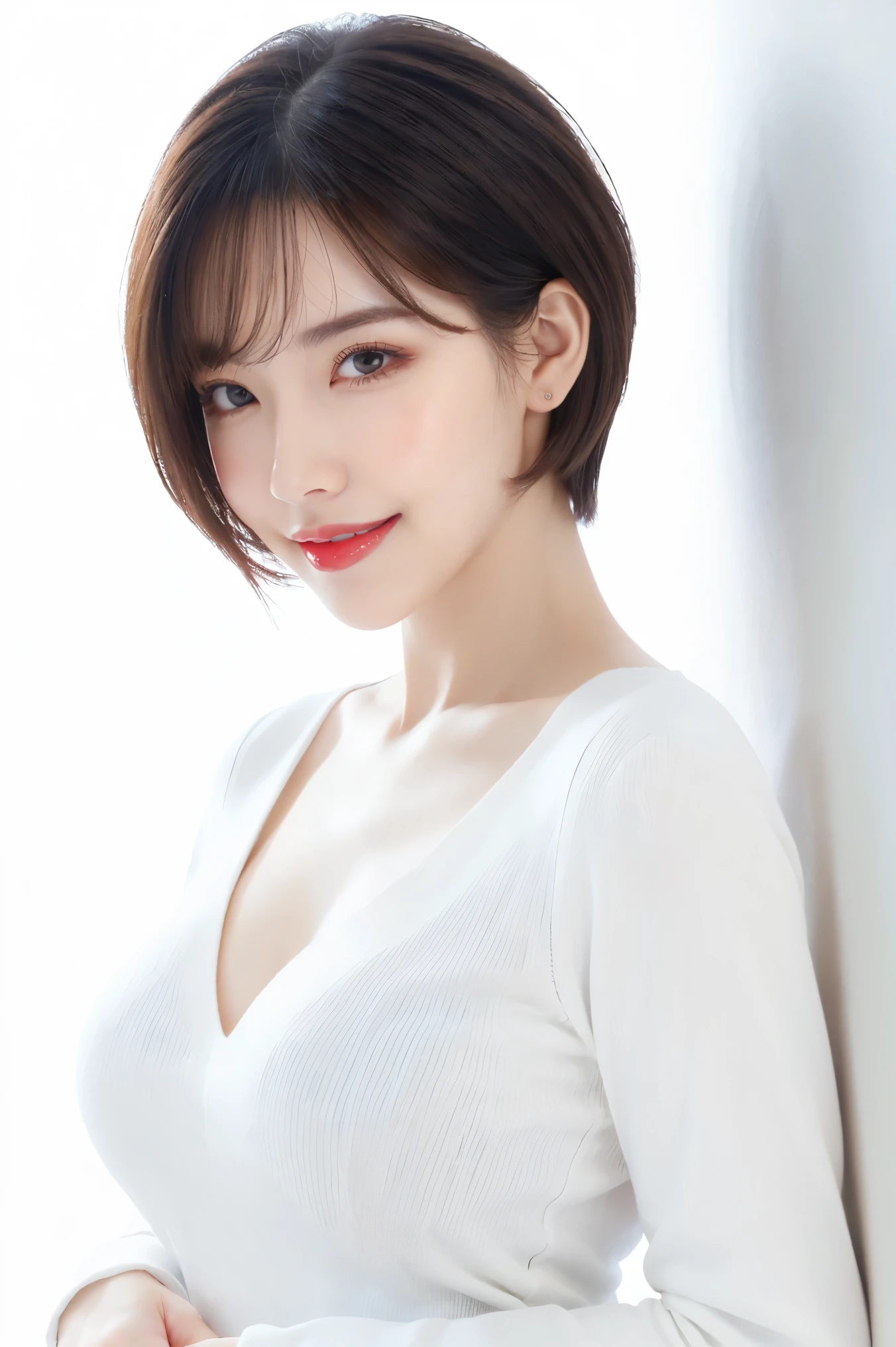 (highest quality、Tabletop、8k、Best image quality、Award-winning works)、Cute beauty、(Short Bob Hair:1.1)、(alone:1.2)、(White fitted V-neck long sleeve knit:1.2)、(Close-fitting V-neck long-sleeve knit:1.1)、(The simplest pure white background:1.6)、(Perfectly fixed in front:1.1)、Face close-up、(Very large breasts:1.3)、(Accentuate your body lines:1.2)、(Perfect female front and side portrait with proper margins:1.2)、(Perfect femininity from the side or the front:1.2)、Beautiful and exquisite、Look at me and smile、(Upright photo from the chest up:1.2)、(Turn around and look straight at me:1.2)、(Perfect Makeup:1.1)、Bright lipstick、Ultra-high definition beauty face、Ultra HD Hair、Ultra HD Shining Eyes、Ultra High Resolution Perfect Teeth、Super high quality glossy lip、Accurate anatomy、Very beautiful skin、(Pure white skin shining in ultra-high resolution:1.2)、An elegant upright posture when viewed from the front、(Very bright:1.3)