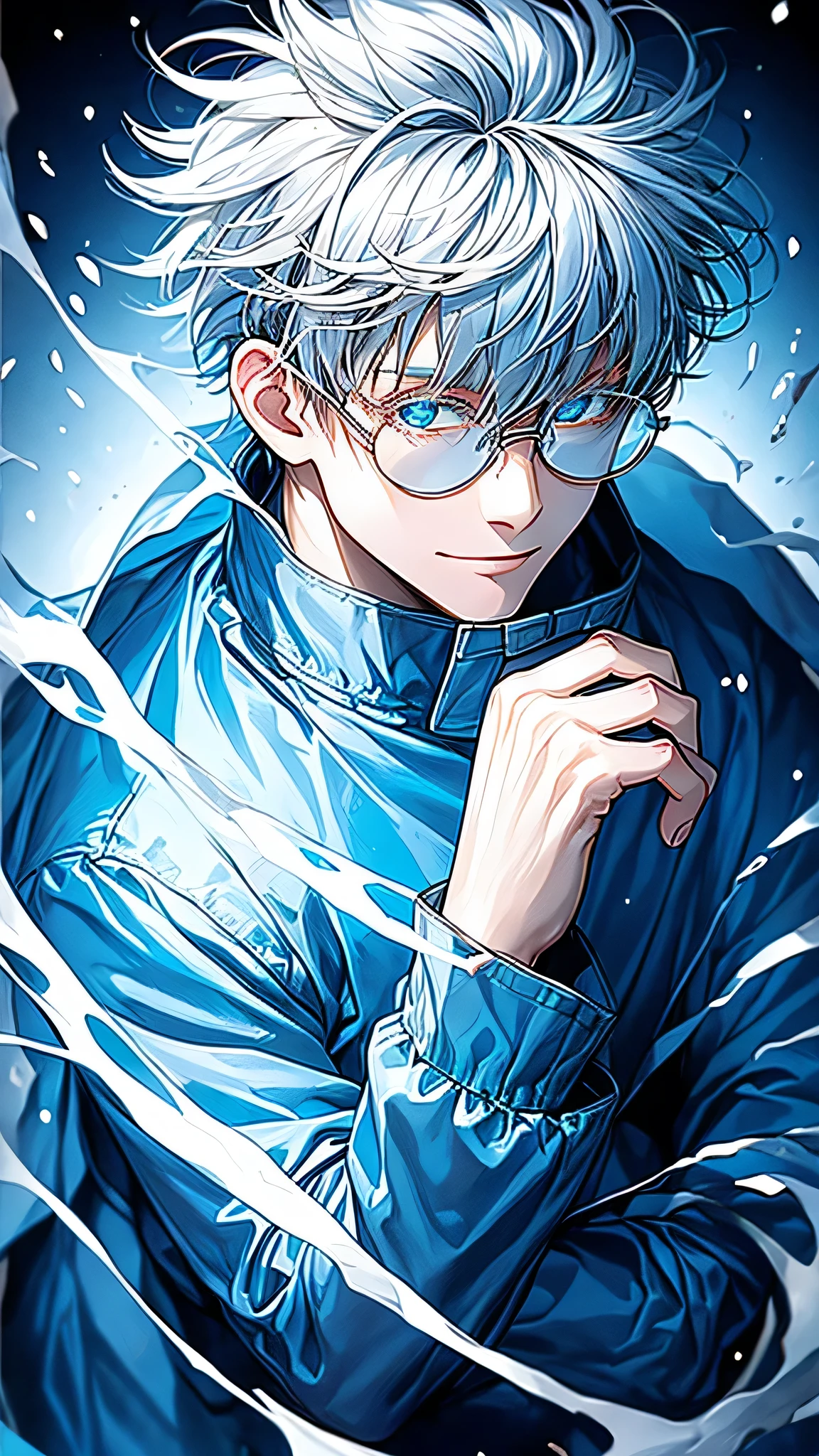 gojo satoru, lookingat viewer, smile, short hair, blue eyes, simple background, long sleeves, hair between eyes, closed mouth, jacket, upper body, white hair, male focus, pants, hand up, black jacket, high collar, colored eyelashes, round blue eyewear