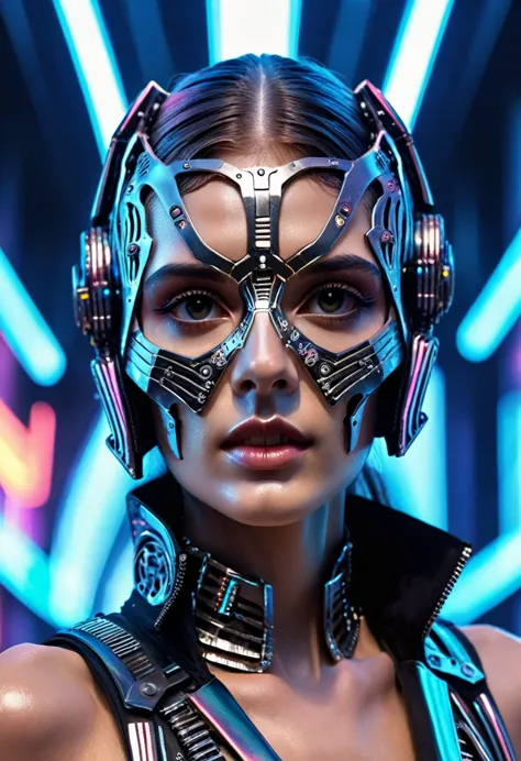 a woman wearing an exo-skeleton mask on a fashion runway, vibrant neon lighting, teenage model, intricate mechanical design, hig...