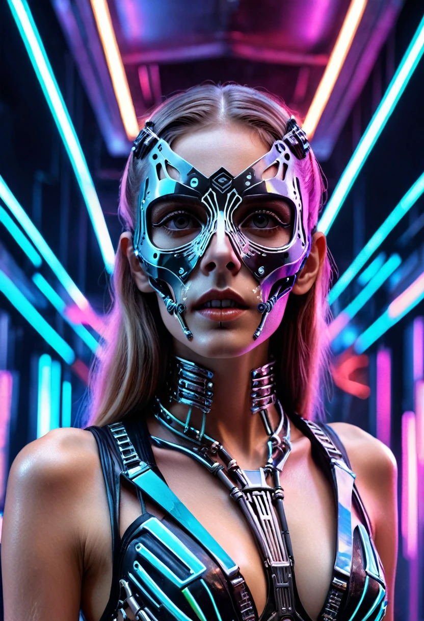 a woman wearing an exo-skeleton mask on a fashion runway, vibrant neon lighting, teenage model, intricate mechanical design, high-tech futuristic cyberpunk style, dynamic pose, dramatic lighting, colorful dystopian background, detailed metal textures, glossy wet look, hyper-realistic, 8k, photorealistic, cinematic, masterpiece