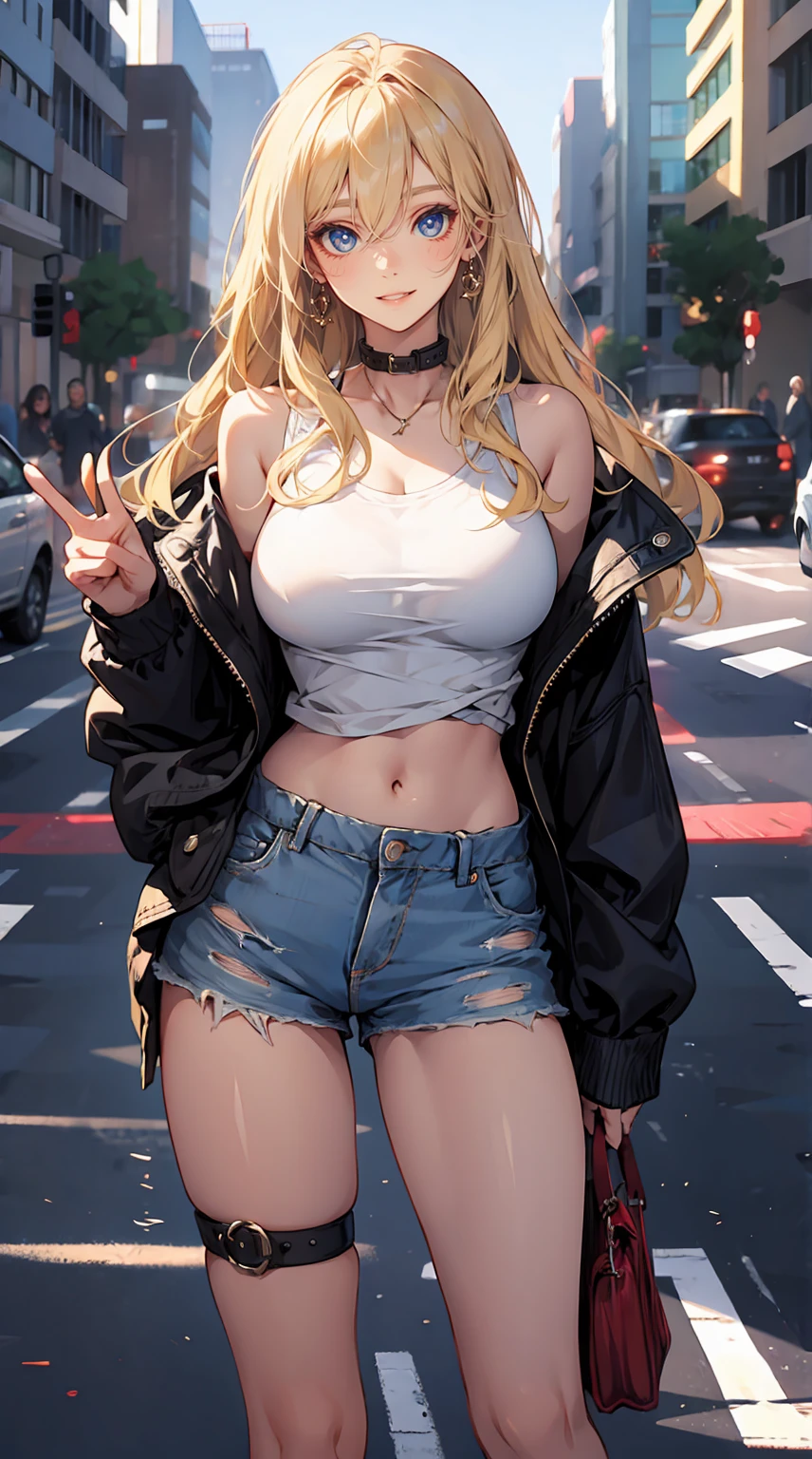 (masterpiece:1.2), best quality, PIXIV, cool girl, glorious, blonde hair, street, short shorts, big breast