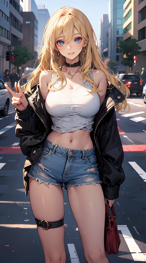 (masterpiece:1.2), best quality, PIXIV, cool girl, glorious, blonde hair, street, short shorts, big breast