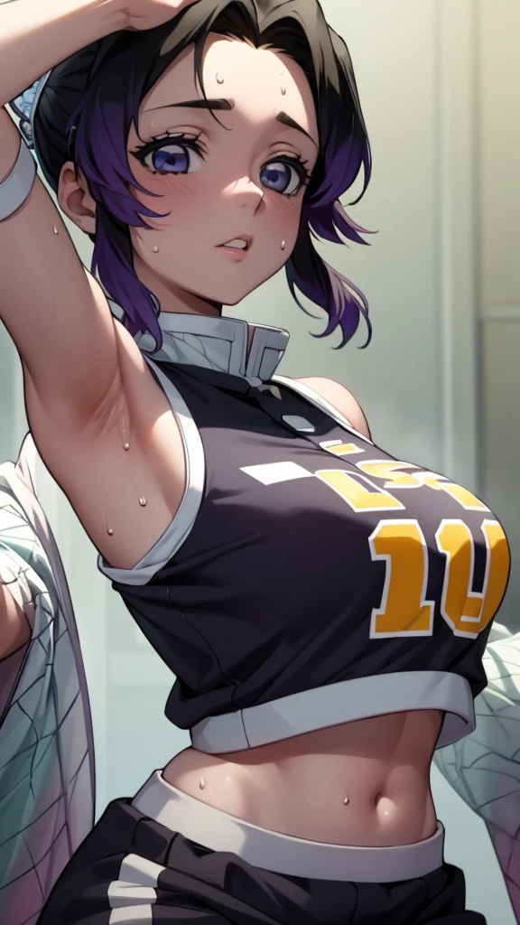 a close up of a person wearing a basketball uniform, a picture, inspired by Kentaro Miura, trending on pixiv, Shinobu Kochou, Demon Slayer, Kimetsu no Yaiba, wearing yellow nba jersey, yellow croptop nba jersey, wearing a low cut croptop, wearing croptop, croptop, written "Lakers" on the croptop, golden raito, (winking), shirobako, large)}], favorite scene, fine details. anime. skins, sweating, big breasts, both hands raised, armpits, armpits visible, dripping with sweat, more more sweat, sweaty armpits