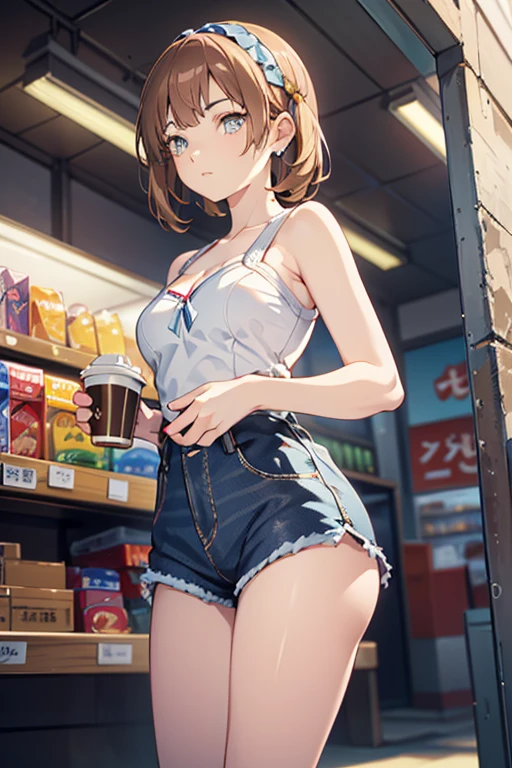 (masterpiece, Best Quality, ultra-detailed, high resolution, extremely detailed CG, official art, Professional Lighting, Perfect Anatomy, anime colors), (from below), looking at viewer, cowboy shot, perfect body, a 24yo beautiful girl, sidelocks, hairband, earrings,medium hips, glamorous body,a small face,beautiful-makeup,Makeup light,dark brown hair, Amazing Cleavage, thin waist, cute ass, Raised sexy, small breast: 1.2 posed cleavage:1.2, (off shoulders,Denimbra,legginullnude), micro denim shorts, bare legs, nail_polish, pale skin, Waiting friend, (morning:1.5), tokyo, (convenience store:1.3), outdoor, (depth of field:1.3), contrapposto, (Hold a coffee in your hand:1.3),delicate beautiful face, Bright blue eyes, cute eyes, sparkling eyes, Big eyes, (perky chest:1.1), (pointed chest:1.3), looking at viewer,
