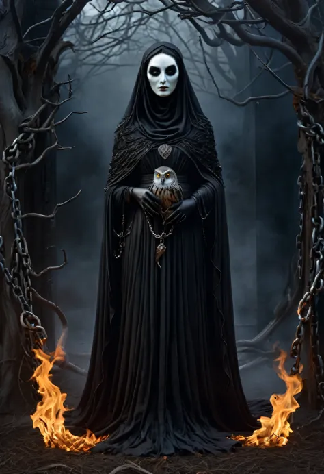 the enchanting figure of a female ghost, bathed in a gloomy black color, stands firmly on the burial ground with her body bound ...