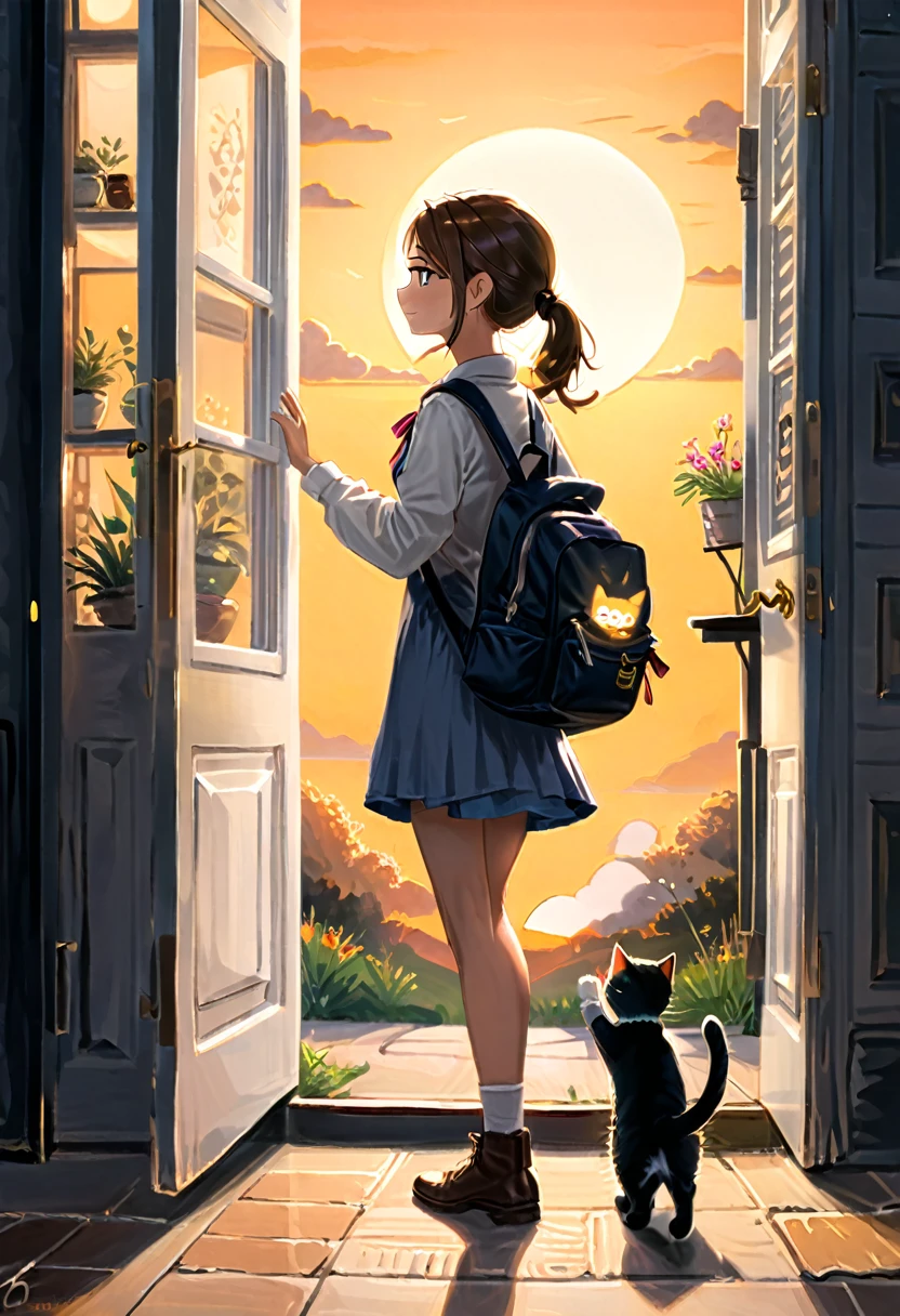 Alors que le soleil se couche, la fille porte son sac à dos et porte la nourriture pour chat nouvellement achetée dans sa main. Un petit chat l&#39;accueille joyeusement à sa porte. Au moment où la porte s&#39;ouvre, des lumières chaudes et le parfum de la maison se précipitent vers nous. C&#39;est le moment le plus ordinaire et le plus heureux, (chef-d&#39;œuvre, Meilleure qualité, professionnel, composition parfaite, très esthétique, absurdes, ultra-détaillé, détails complexes:1.3)